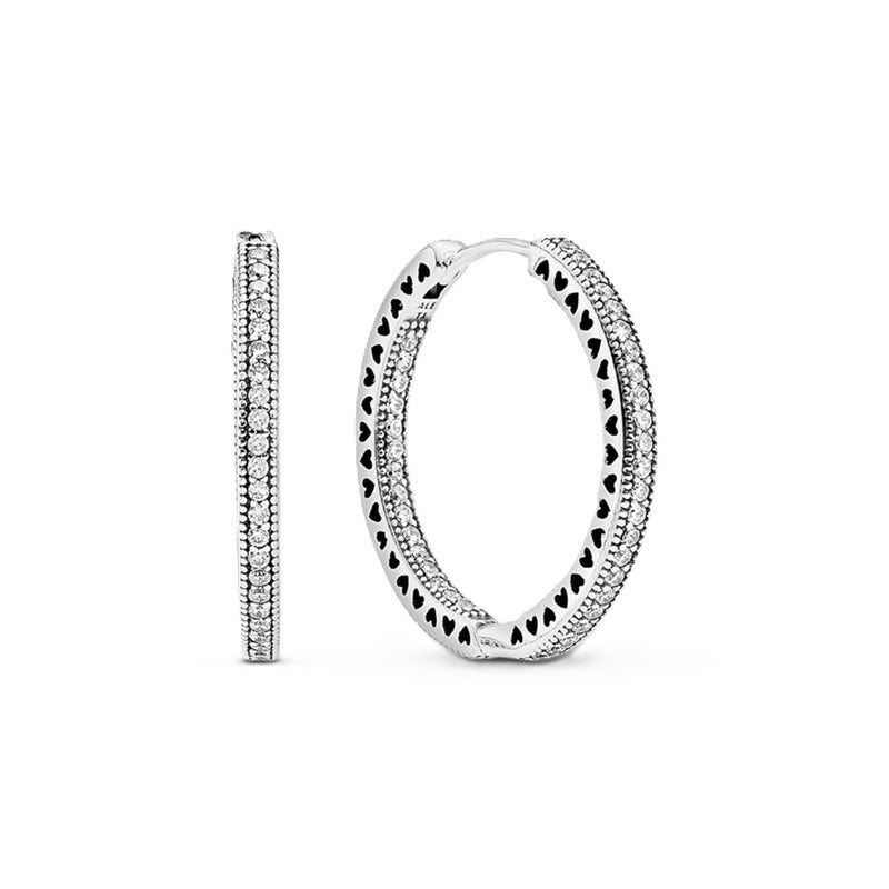 PANDORA JEWELS Mod. HOOP SILVER EARRINGS WITH CLEAR CUBIC ZIRCONIA - 27 MM ***SPECIAL PRICE***
