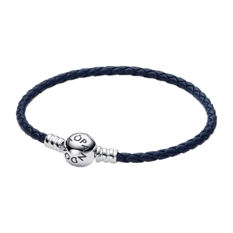 PANDORA MOMENTS COLLECTION Mod. ROUND CLASP BLUE BRAIDED LEATHER BRACELET ***SPECIAL PRICE***