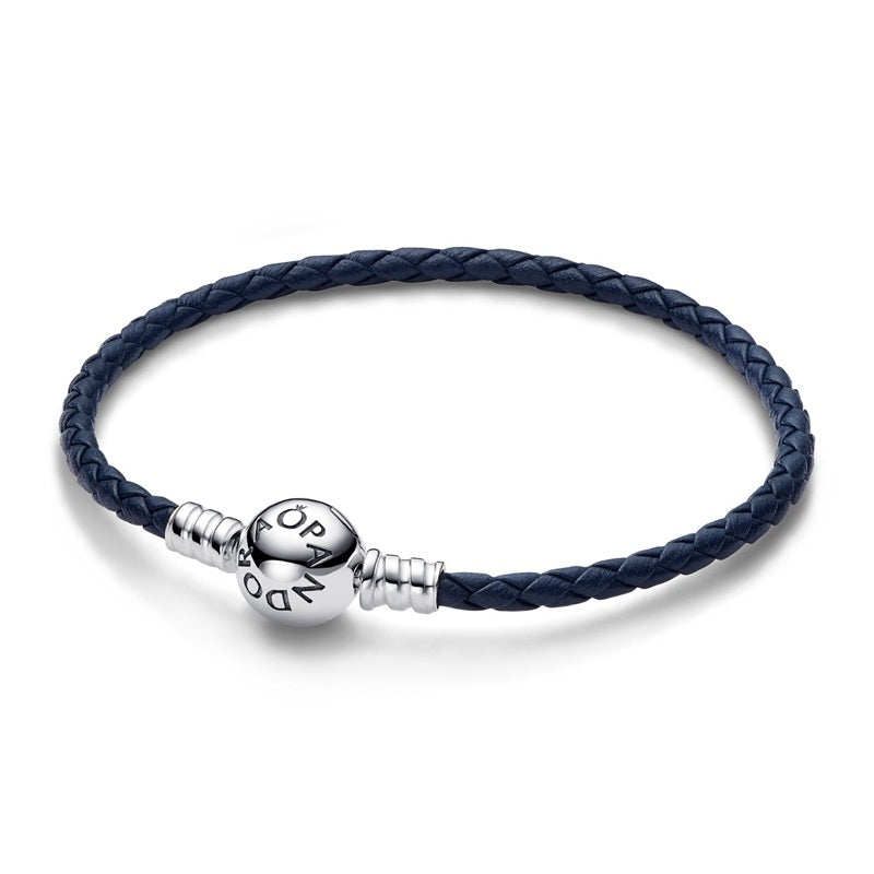 PANDORA MOMENTS COLLECTION Mod. ROUND CLASP BLUE BRAIDED LEATHER BRACELET ***SPECIAL PRICE***