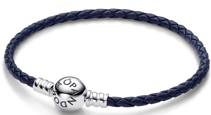 PANDORA MOMENTS COLLECTION Mod. ROUND CLASP BLUE BRAIDED LEATHER BRACELET