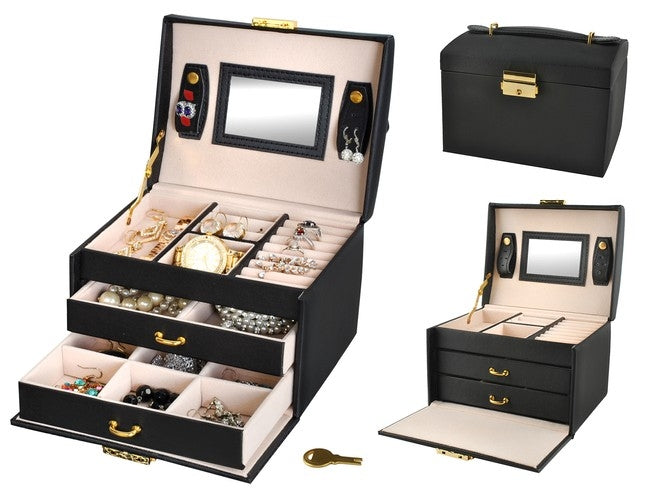 Cofanetto porta gioie in similpelle con specchietto e 2 cassetti/ Jewelry box in faux leather with mirror and 2 drawers - (18 x 15 x 15cm)