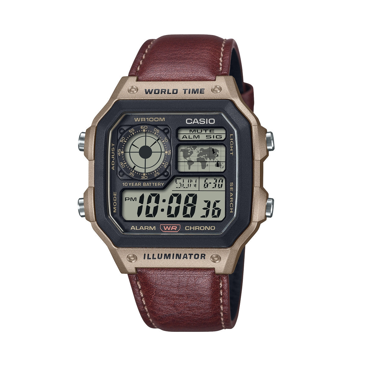 CASIO SPORT Mod. WORLD TIME ILLUMINATOR 5 ALARMS - FUTURE CLASSIC COLLECTION - LEATHER BROWN