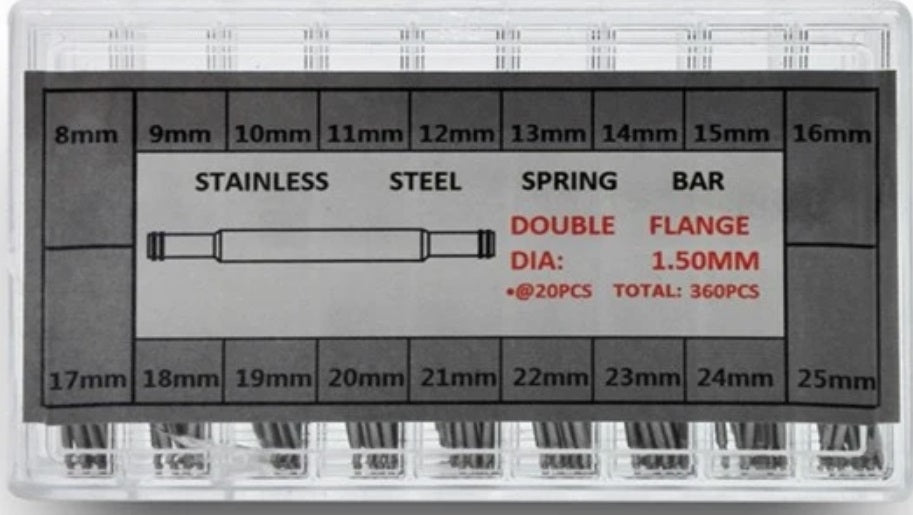 360 anse acciaio in 18 misure (largh. da 8mm a 255mm. diam. 1.5mm. 20pz cad.) 360 stain less spring bars in 18 sizes (width from 8mm to 25mm. diam. 1.5mm. 20pcs per size)