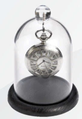 Espositore per orologi da tasca con campana in plexiglass e base in legno / Pocket watches display, plexiglass bell and wooden base (watch not incl.)